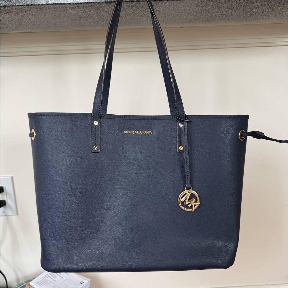 Michael Kors Neverfull Navy Blue Leather Tote with Gold Accents